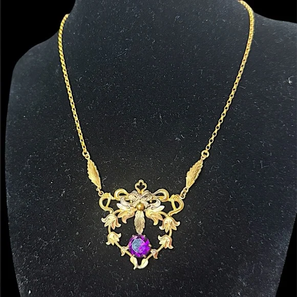 Edwardian Victorian Antique Gold Filled Amethyst Glass Mourning Jewelry Necklace
